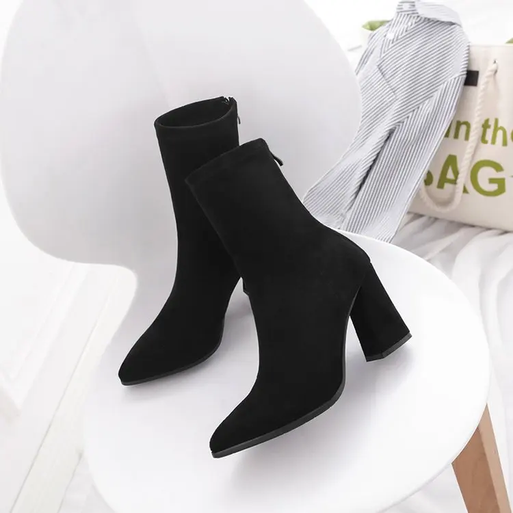 Модные черные эластичные ботинки женские толстые ботинки г. Новая обувь с острым носком на высоком каблуке ботинки на шнуровке в британском стиле острый носок