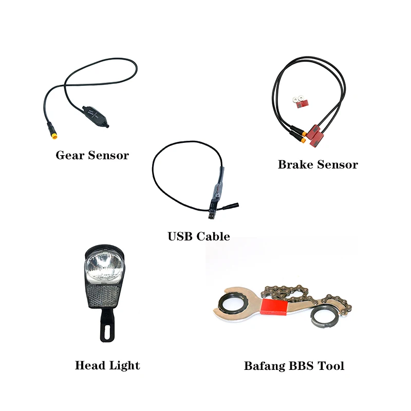 BAFANG Середина привода аксессуары для двигателя Датчик передач/Датчик тормоза/6 V головной светильник/USB Кабель для программирования/2A зарядное устройство/BBS гаечные ключи инструменты - Цвет: Five accessories