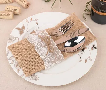 

100pcs/lot Burlap Jute Lace Wedding Home Party Festival Banquet Cutlery Bags Tableware Holder Pockets wedding decoration