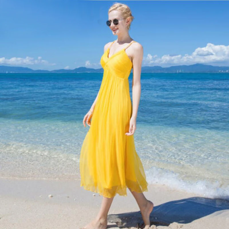 

Silk Dress Women Elegant Long V-neck Yellow Beach dresses 100%silk Women Printed High Quality Clothing Free Shipping HOT Selling