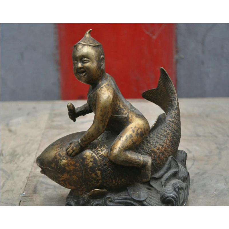 

9 " China Bronze Lucky Boy Fish Baby Child Buddha Sculpture Statue