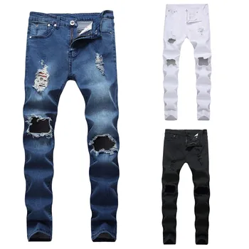 

Men's Jeans Stretch Design Ankle Zipper Jeans For Men Moto Ripped Skinny Jeans Male Wihte Black Blue Trousers