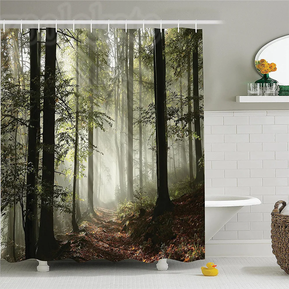 

Farm House Dark Forest Route Surrounded by Fog in the Sunshine Day Time in Mother Earth Image Polyester Bathroom Shower Curtain