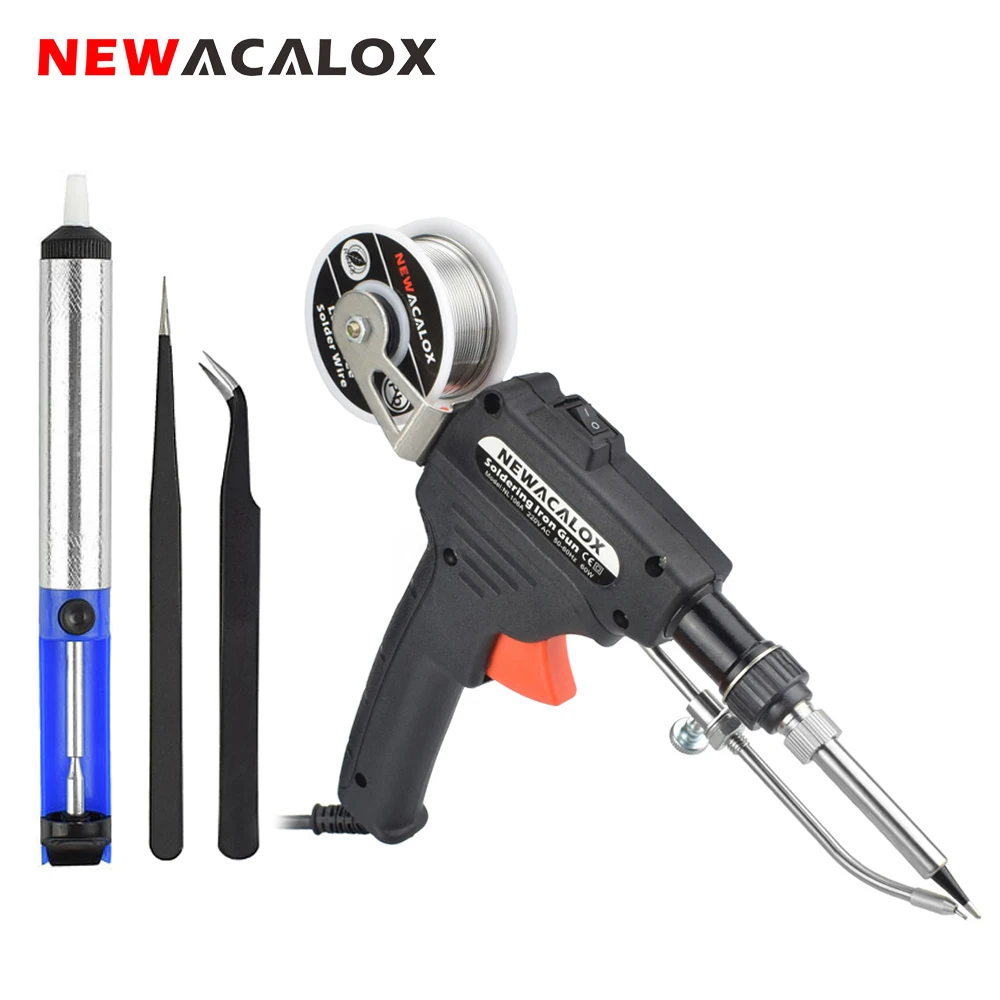 NEWACALOX Automatic Send Tin Electrical Soldering Iron Gun Welding Tool with Tin Wire Desoldering Pump EU 220V 60W Repair Tools