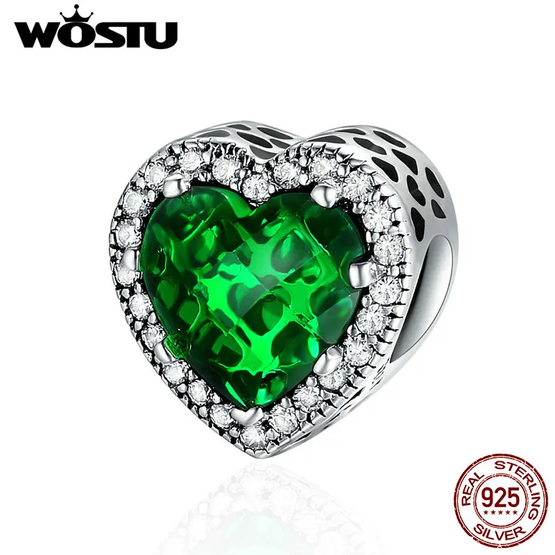 

WOSTU 100% 925 Sterling Silver Dazzling Radiant Green Heart Shape Charm Beads Fit Original WST Bracelet Jewelry Gift DYC137