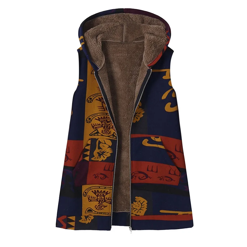 

KLV Plus Size coat Women Hooded Sleeveless Print Broadcloth Cotton Linen Fluffy Fur Zipper Ves Blue Yellow Coat Polyester z1121