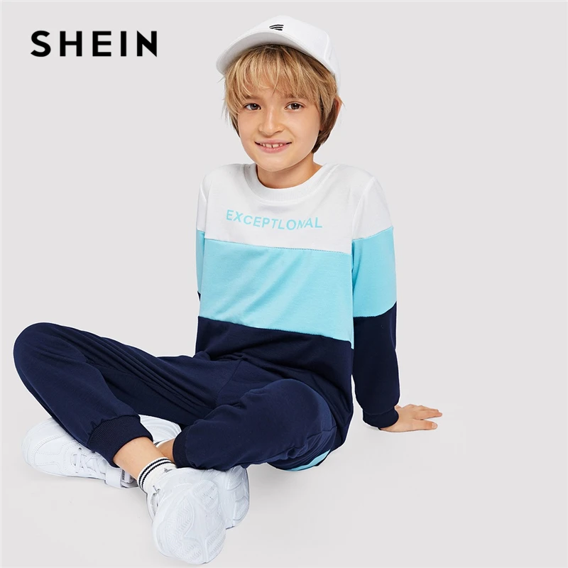 SHEIN Boys Cut And Sew Panel Sweatshirt With Carrot Pant Boys Clothing Two Piece Set 2019 Spring Fashion Casual Children Clothes