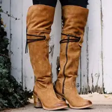 Zapatos mujer; зимняя женская обувь; Высокие Сапоги выше колена; винтажные сапоги до бедра на высоком каблуке со шнуровкой; Дамская обувь; femme