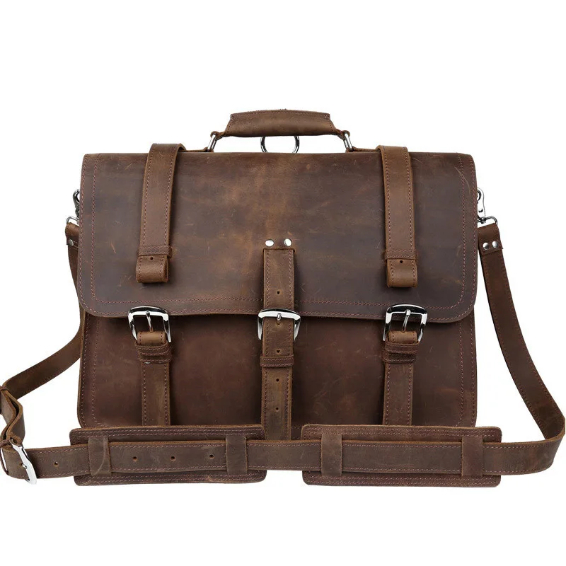 Vintage Real Leather Canvas Bags 17 inch Laptop Bag Retro Style Cross Body Messenger Bag Crazy ...