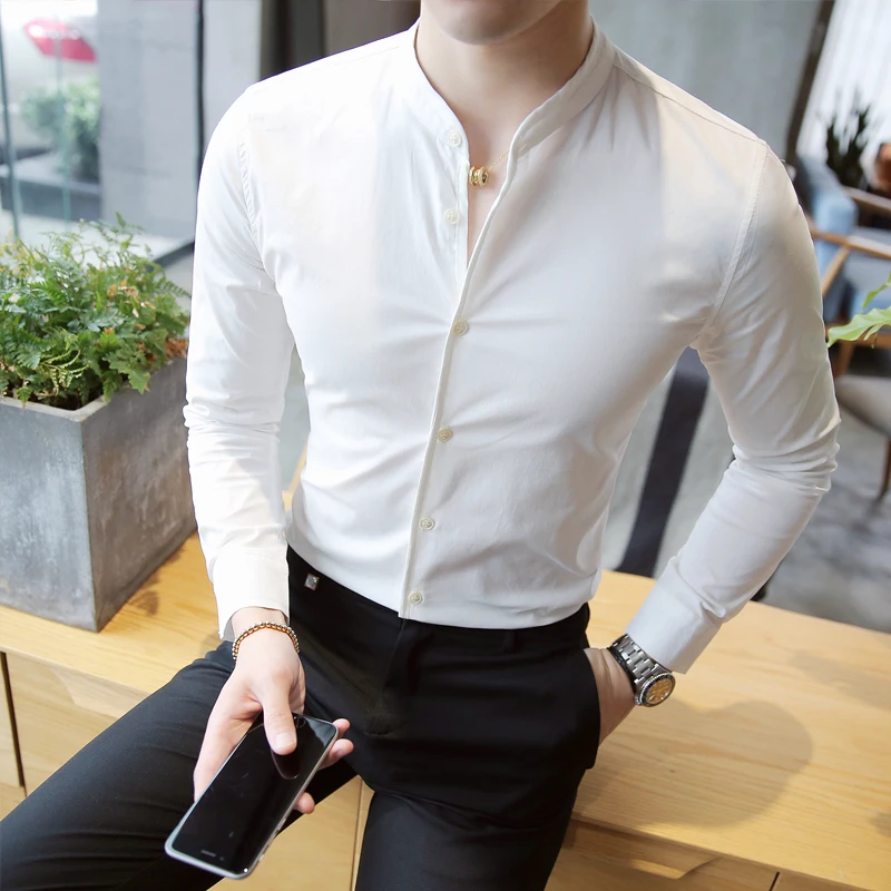 Мужская Осенняя Высококачественная рубашка из чистого хлопка с длинными рукавами/Мужская рубашка с воротником-стойкой популярно среди молодежи