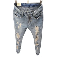 Женские джинсы 26-31 Мода Весна-осень Новые повседневные джинсы slim vintage ripped темно-синие отверстие женщин штаны-шаровары, LB1982
