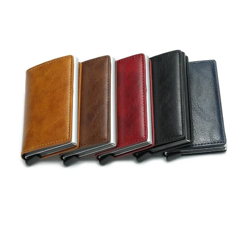الحماية ضد السرقة الرجال خمر حامل بطاقة الائتمان حجب محفظة بشريحة RFID جلدية للجنسين الأمن المعلومات الألومنيوم إطار محفظة معدنيّة