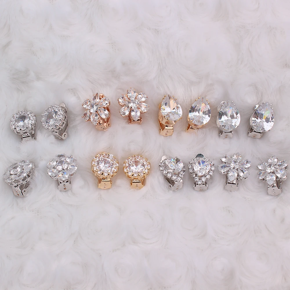 12 Colors AAA Cubic Zircon Tear Drop Geometric Clip on Earrings No Pierced Women Party Wedding Charm Ear Clip GRACE JUN ear clip earrings clip earrings ear clip ear accessories