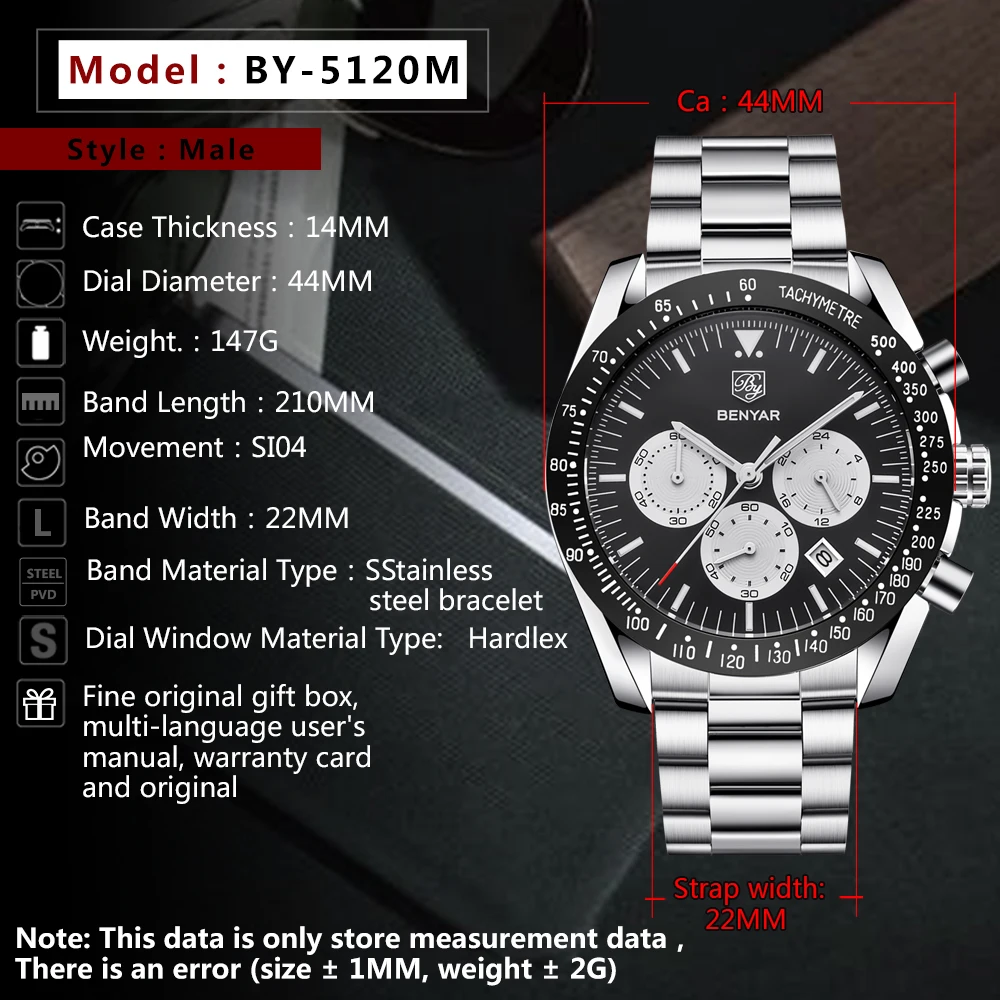 Cena Benyar mężczyźni oglądać najlepsze marki luksusowe pełna stali nierdzewnej biznes Sport Chronograph zegarek kwarcowy zegarek na rękę mężczyźni zegar mężczyzna relogio masculino saat