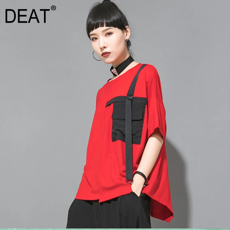 

[DEAT] 2019 New Spring Summer Round Neck Half Sleeve Pocket Ribbon Split Joint Loose Big Size T-shirt Women Fashion Tide JW99