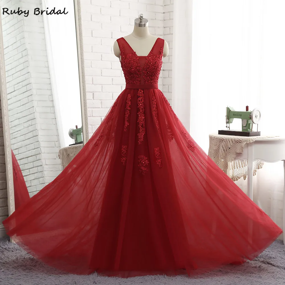 

Ruby Bridal 2017 Luxury Long A-line Burgundy Evening Dresses Tulle Appliques Beaded Vestido De Festa Cheap Prom Party Gown R313