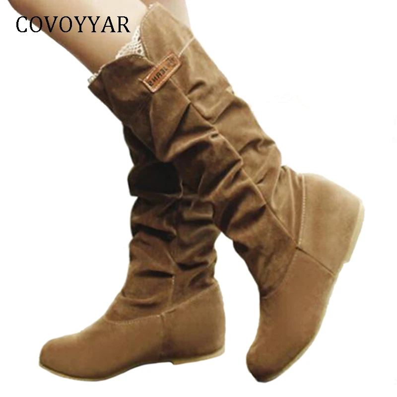 

COVOYYAR 2019 Flock Women Boots Autumn Lace Pleated Mid-Calf Boots Concise Hidden Heel Winter Shoes Women Big Sizes 34-43 WBS271
