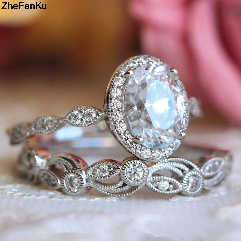 

Fashion Double Pair Wedding Rings Sets Jewelry Bridal Silver Engagement Wedding Rings For Women Set Luxury Finger Jewelry