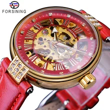 Forsining Модный золотой скелет Алмазный дизайн красный Натуральная кожа Ремешок Светящиеся женские механические часы лучший бренд класса люкс