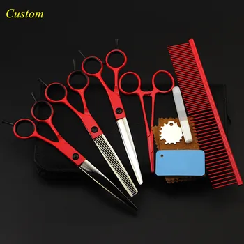 

Custom 5 kit japan 440c 7 inch red Pet dog grooming hair scissors cutting shears pet thinning barber hairdressing scissors set
