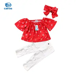 Одежда для детей; малышей; девочек с открытыми плечами Топы корректирующие футболка + Белый стрейч рваные штаны с дырками Брюки для девочек