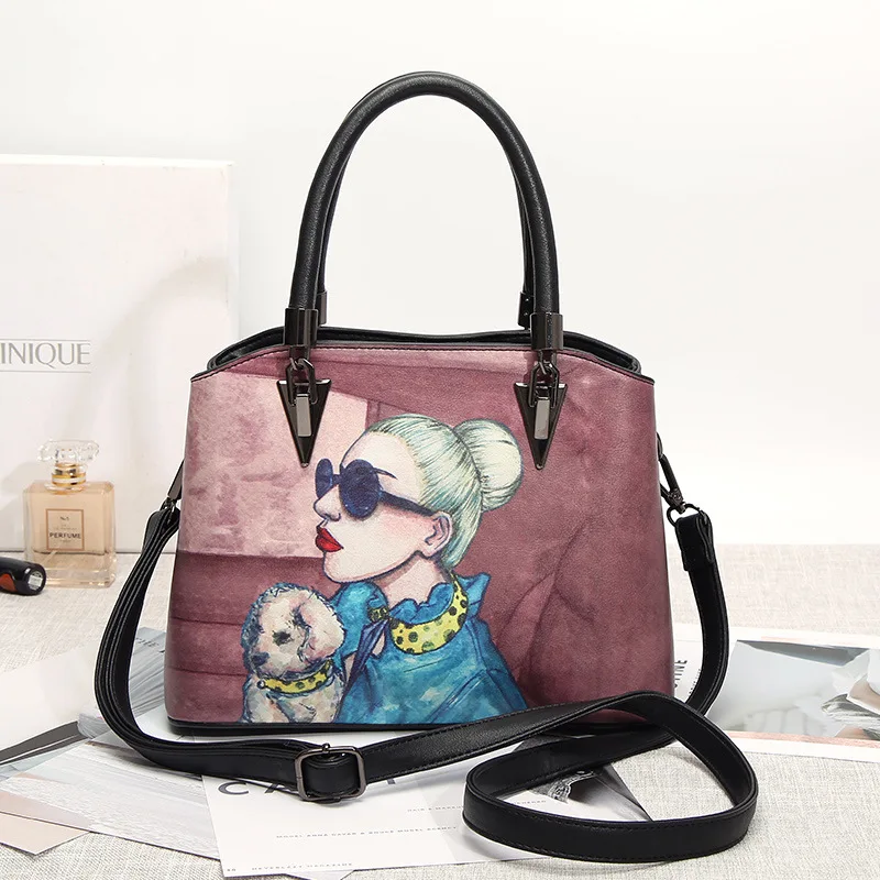 

Fashion Women Dog Pet Printing Leather Handbag Pink Cartoon Shoulder Crossbody Famale Bag Arrow Big Bag Bolsa Mensageiro
