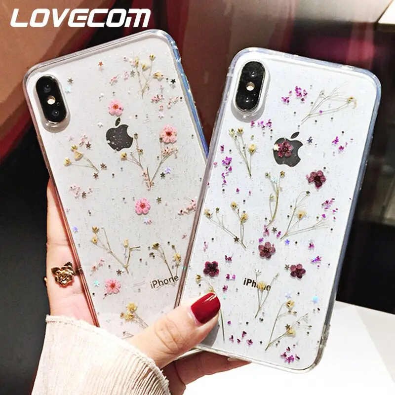 

LOVECOM Retro Dried Floral Real Flower Phone Case For iPhone X XS XS Max XR 6 6S 7 8 Plus Soft Epoxy Phone Protector Cover Shell