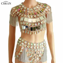 Chran Fringe Chain Festival Costume Crop Top Sequin Rave Outfit Body Jewelry Boho Gypsy Cosplay Wear chran gem bead crop top chainmail rave bra black chain shoulder necklace ibiza sonar wear edm outfit body jewelry chain crn2801