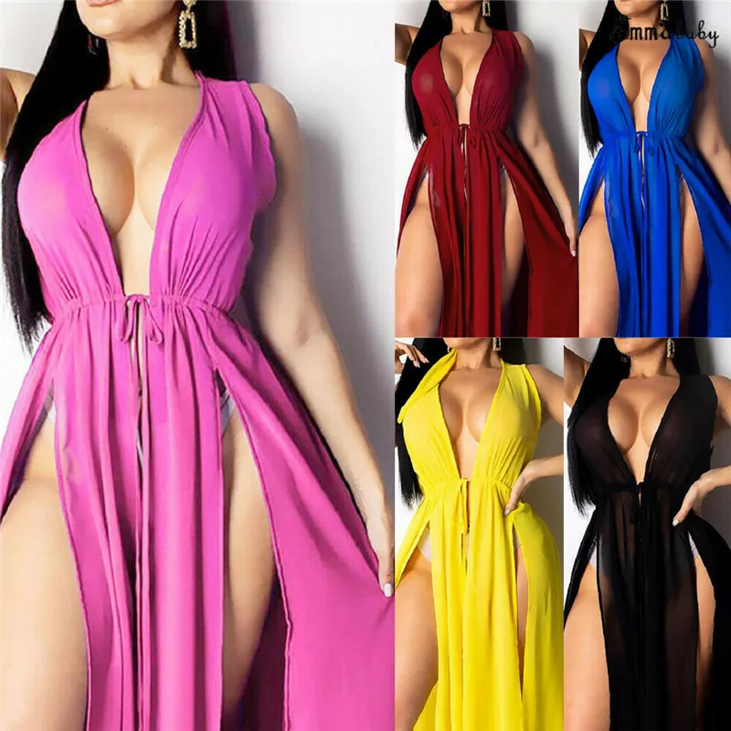 

2019 Summer Sexy Women Long Boho Beach Dress Deep V Neck Holiday Red Party Bathing Sundress