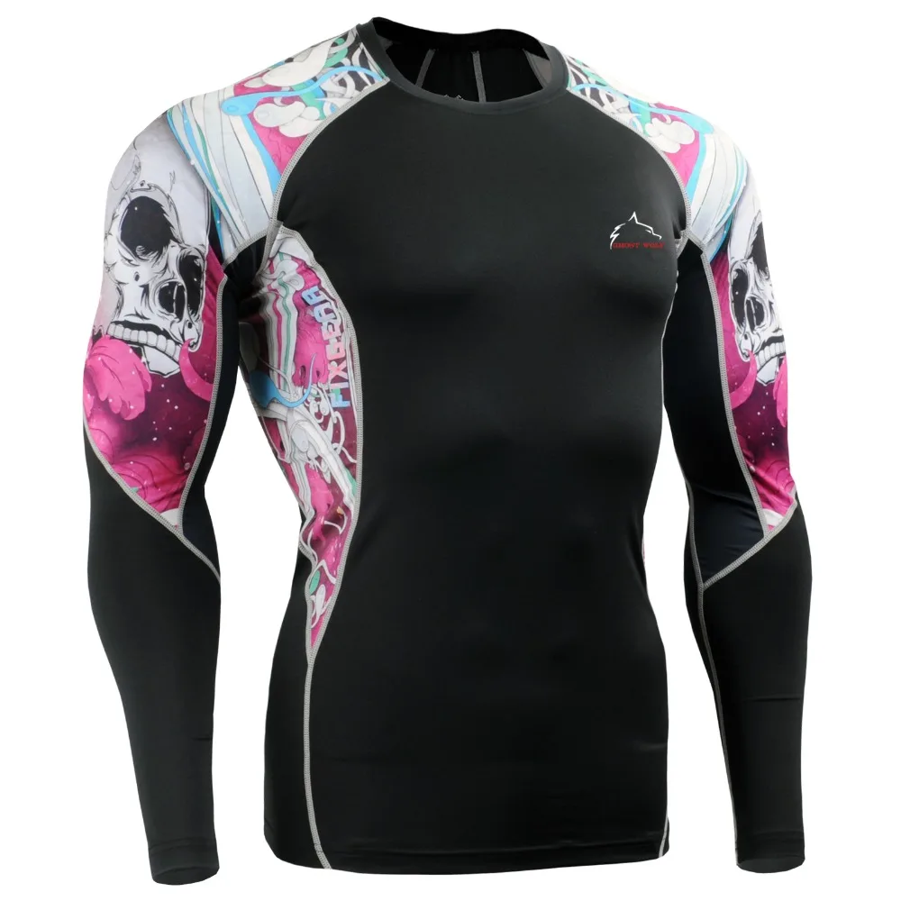 

GhostWolf Men Long Sleeve Shirts Compression Running Training Skin Tight Rash Guard Gym Fitness Tights Bodybuilding Top Shirt