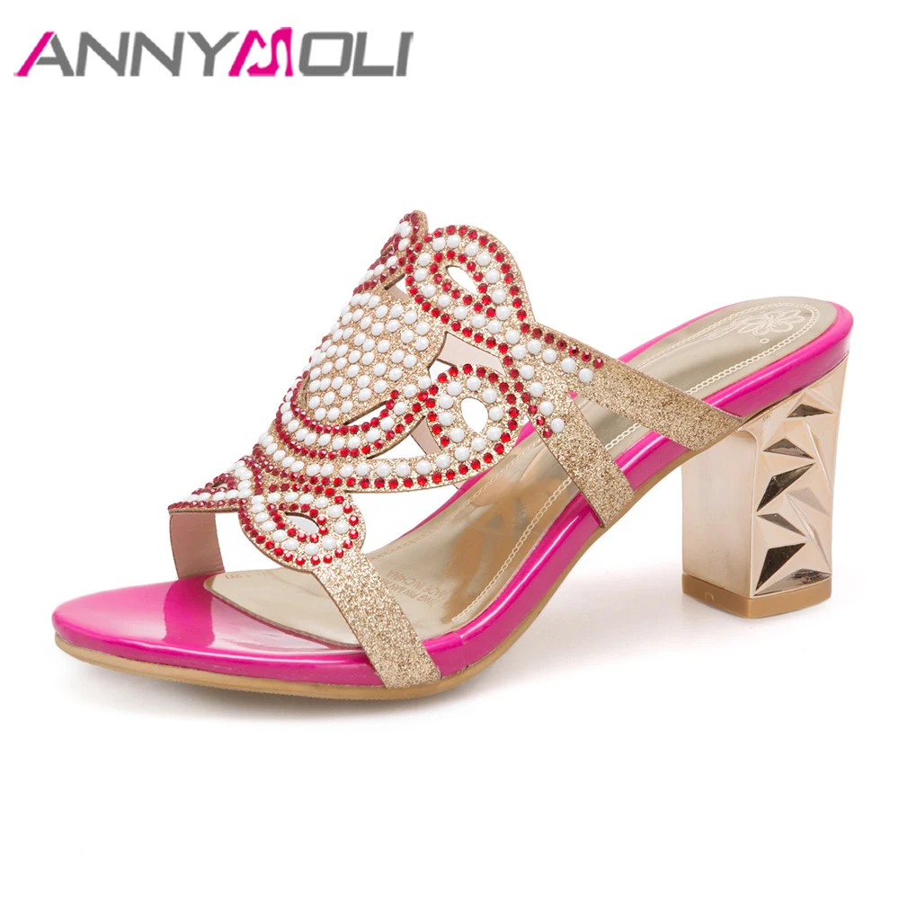 

ANNYMOLI Summer Shoes Women Slides Crystal Chunky High Heels Party Shoes Luxury Open Toe Slippers Ladies Sandals Plus Size 3-12