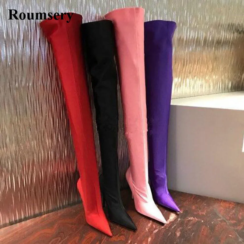 New Arrival font b Women b font Sexy Pointed Toe Silk Slim Over Knee High Heel
