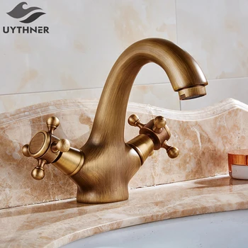 

Uythner Antique Brass Bathroom Sink Faucet + Bend Spout + Dual Crossed Handles Mixer Tap