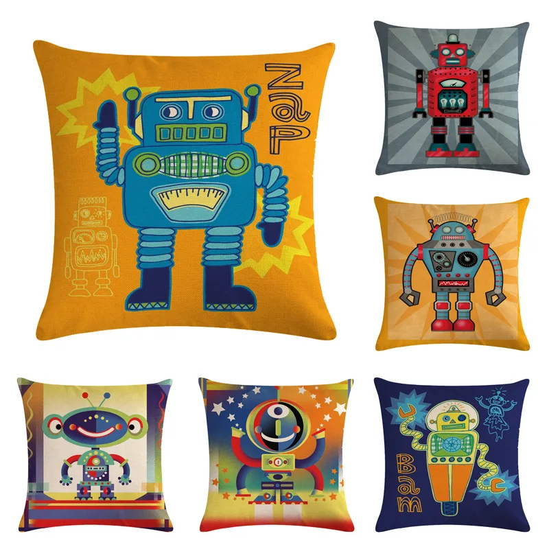 

45*45cm Cartoon Robot Pattern Cotton Linen Throw Pillow Cushion Cover Home Decoration Sofa Bed Decor Decorative Pillowcase