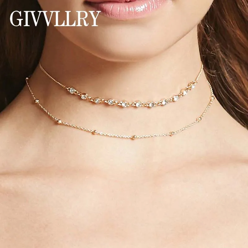 

GIVVLLRY Shiny Rhinestones Choker Necklace Fashion Jewelry Simple Elegant Gold Color 2 Layered Beads Chain Necklace for Women