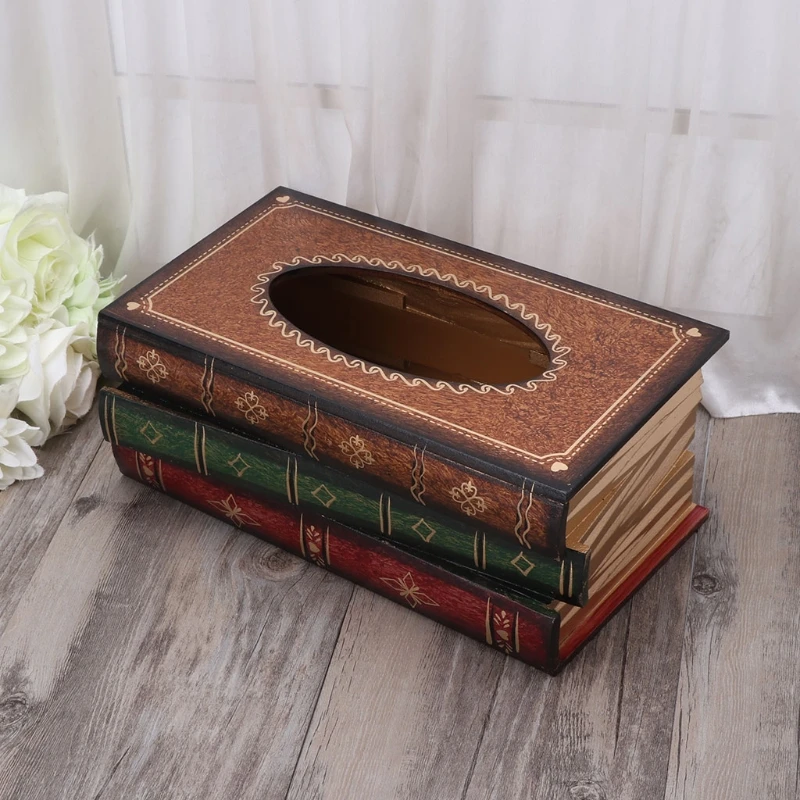 

Retro Style Book Shape Wooden Print Tissue Box Bathroom Vanity Home Decoration