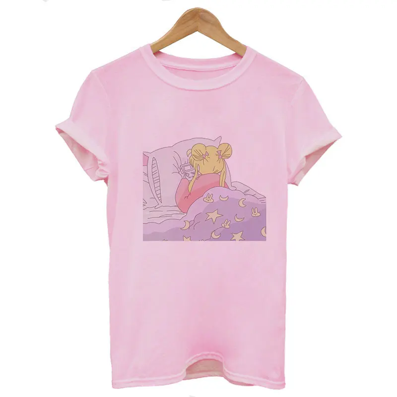 Женская одежда, Новое поступление, тонкий летний топ Harajuku, Сейлор Мун, розовая модная футболка для отдыха, эстетическая футболка - Цвет: 2120-Pink