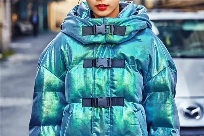 ZURICHOUSE Лазерная зимняя куртка для женщин с капюшоном пуховая стеганая парка женский уличный стиль яркий металлический зеленый верхняя одежда зимние пальто