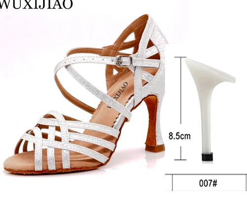 WUXIJIAO Women Party Dance Shoes Satin Shining rhinestones Soft Bottom Latin Dance Shoes Woman Salsa Dance Shoes heel5CM-10CM - Цвет: silver  heel 8.5cm