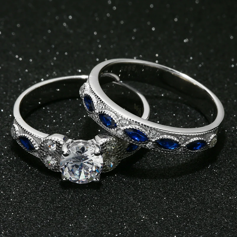 Valily Jewelry Wedding Rings 925 sterling silver couple rings for Bride Blue Oval Cubic Zirconia Round Band Ring for Women men