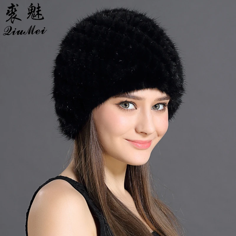 

QiuMei Mink Fur Hat Women With Natural Real Fur Female Cap Women's Winter Hat Mink Fur Real Knitting Cap Pineapple Hat Hold Ear