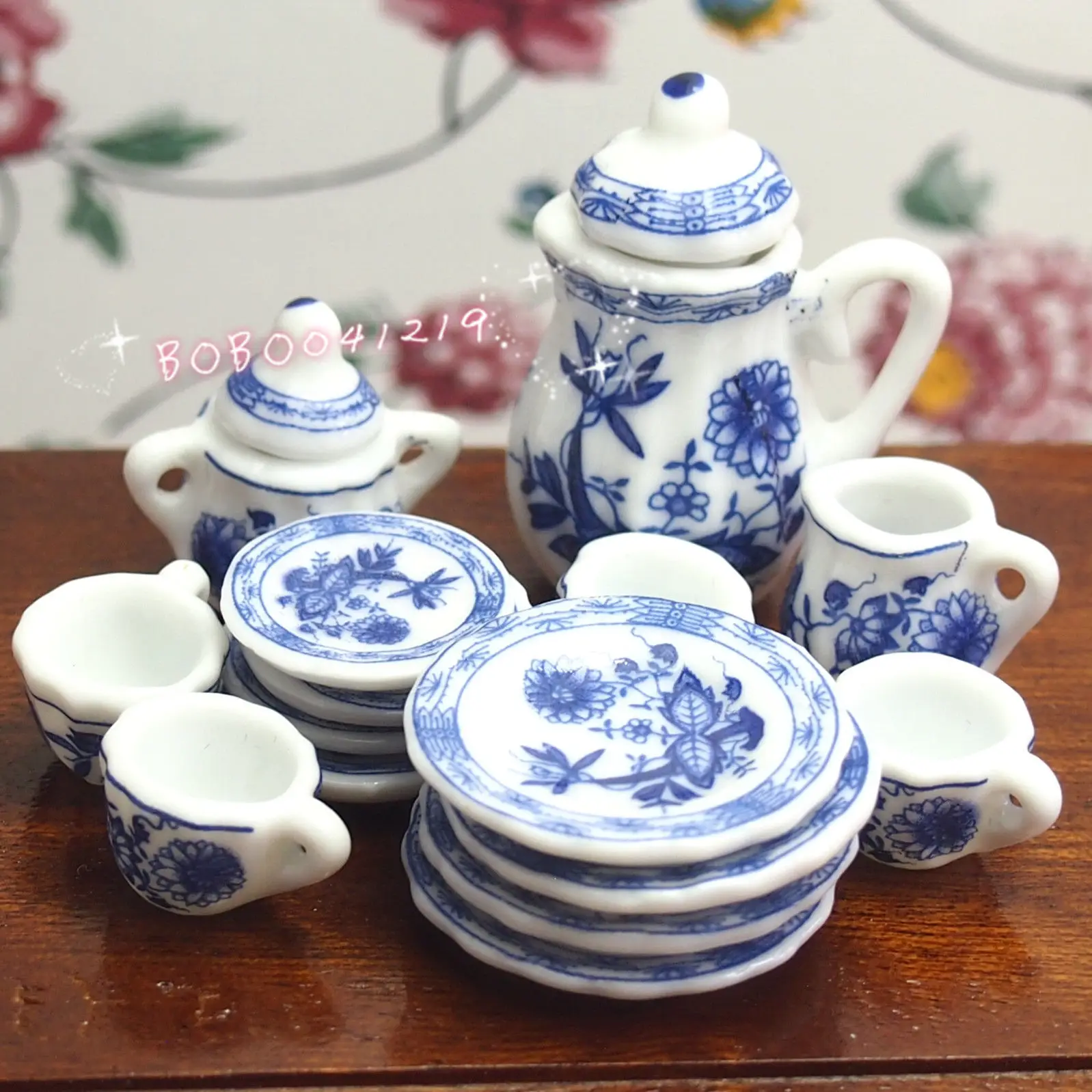 Dollhouse Miniature 1:12 Toy 17 Pcs Blue Flower Porcelaine Tea Set AC0007