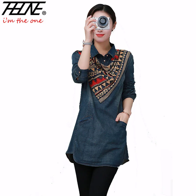 

2019 Denim Shirt Blouse Women Jeans Long Tops Print Fashion Casual Plus Size 4XL Long Sleeve Shirts Women Blusas Camisas Mujer