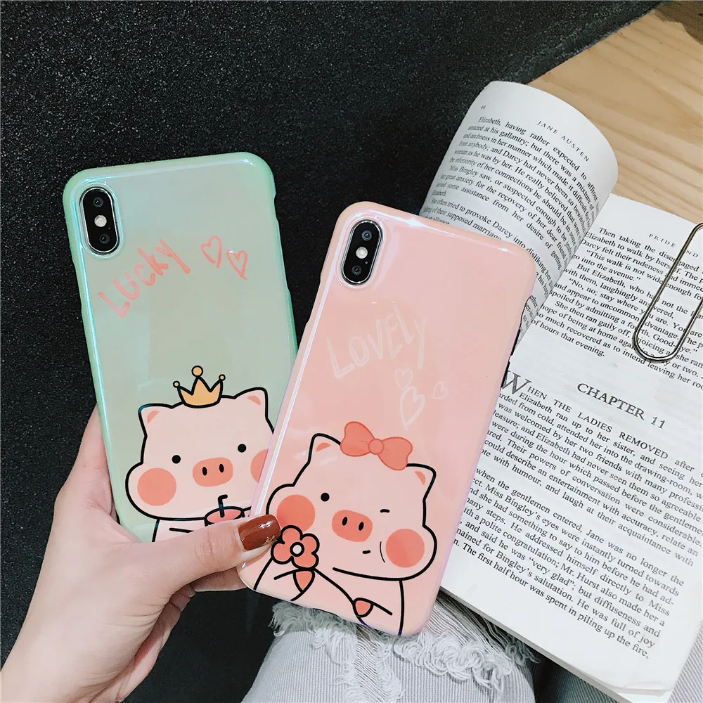 Модный милый счастливый чехол для iPhone X XS MAX XR 6 6s 7 8 Plus чехол голубой свет глянцевый мультфильм Свинья Силиконовый мягкий чехол
