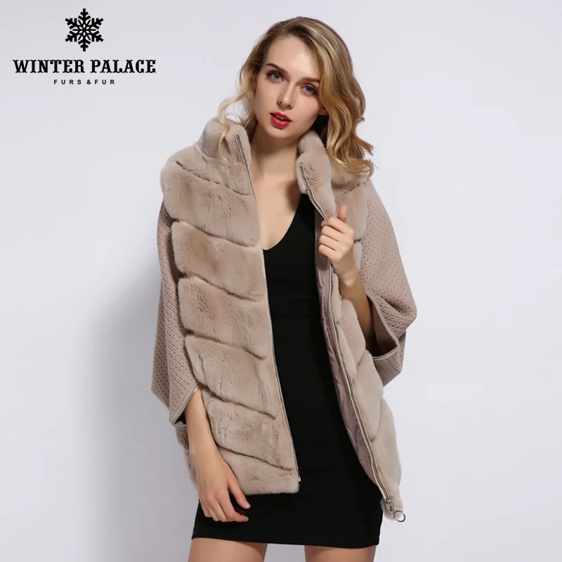 Billig WINTER PALACE 2019 frauen Winter Kaninchen Fell Mantel Bat Stehkragen Kaschmir Nähte Ärmeln Kurzarm Jacke rea fell mantel