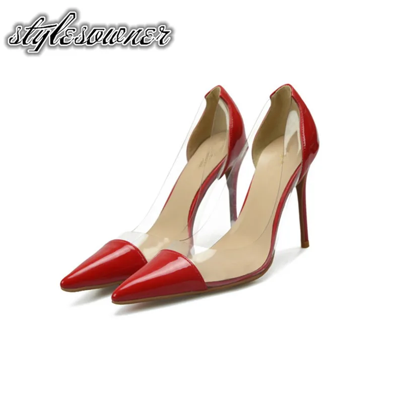 

Stylesowner 2018 New Design Summer Patchwork Transparent Pumps Stiletto Pointed Toe Solid Color Slip-on Look Thin Beauty Shoes