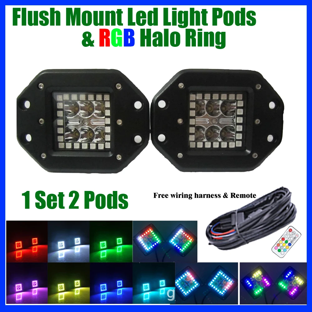 Pair 3inch Spot Cube Pods LED Work Light w/Chasing RGB Angel Eyes Remote Control Car & Truck
