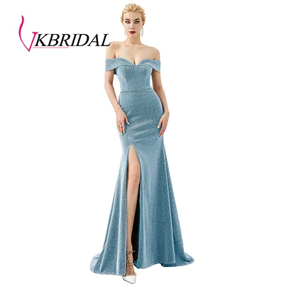 VKbridal сексуальное платье с открытым плечом и Высоким Разрезом Длинное Сверкающее вечернее платье Русалка платья блестящие платья подружки невесты Плюс Размер - Цвет: Sky Blue