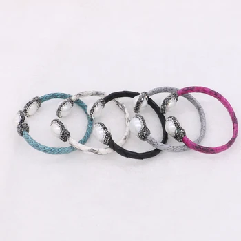 

Real snakeskin Bracelet Genuine Leather multi color double natural pearl stone adjustable bangle bracelet for women 753