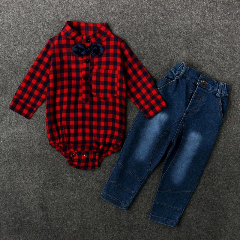 Baby Boy's colthing set Newborn colthing set T-shirt + jeans Infant rompers Turn Down Collar Gentleman Tie Red Lattice costumes (6)